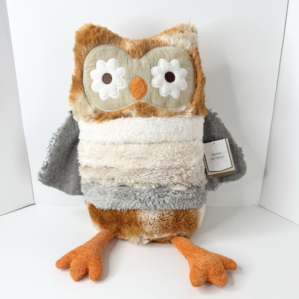 Pier 1 One Imports Sophie Owl 20" Plush Pillow Stuffed Animal Fur Tweed Corduroy